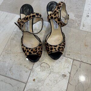 JIMMY CHOO Platform Sandals 122 Linda Leopard Print Peep Toe Pumps